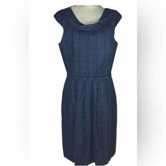 David Meister Navy Blue Textured Draped Neck Belted Dress Size 14 - Picture 2 of 6